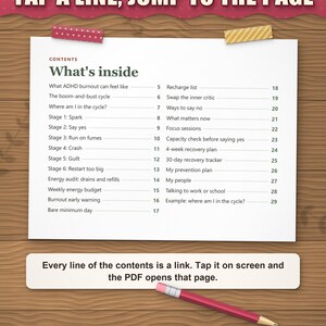 Clickable contents page of the ADHD burnout recovery guide: tap a line to jump to the page