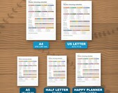 The cleaning planner in five paper sizes shown to scale: A4, US Letter, A5, Half Letter and Happy Planner Classic