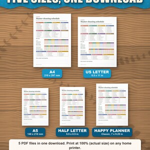 The cleaning planner in five paper sizes shown to scale: A4, US Letter, A5, Half Letter and Happy Planner Classic