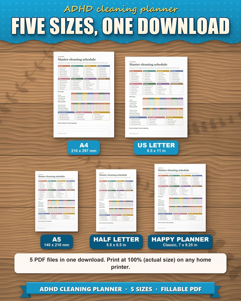 The cleaning planner in five paper sizes shown to scale: A4, US Letter, A5, Half Letter and Happy Planner Classic