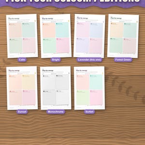 The planner in 7 colour editions: calm, bright, lavender, forest green, sunset, monochrome and sorbet. This listing is the lavender edition; each colour is its own listing
