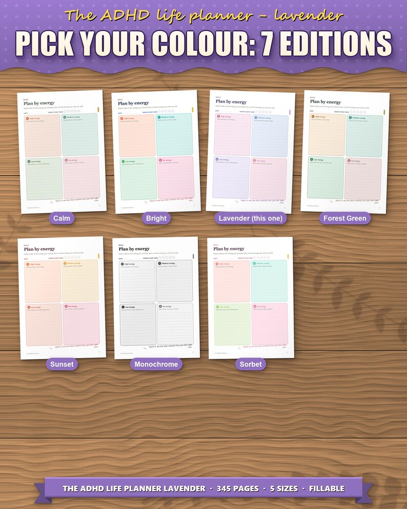 The planner in 7 colour editions: calm, bright, lavender, forest green, sunset, monochrome and sorbet. This listing is the lavender edition; each colour is its own listing