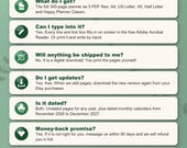 Frequently asked questions: what you get, typing into the PDF, no shipping, free updates, dated and undated, money back, sharing
