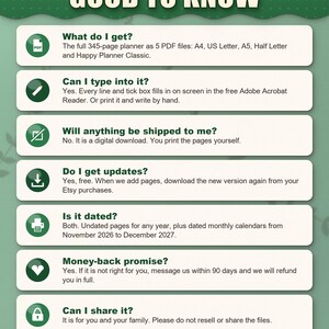 Frequently asked questions: what you get, typing into the PDF, no shipping, free updates, dated and undated, money back, sharing