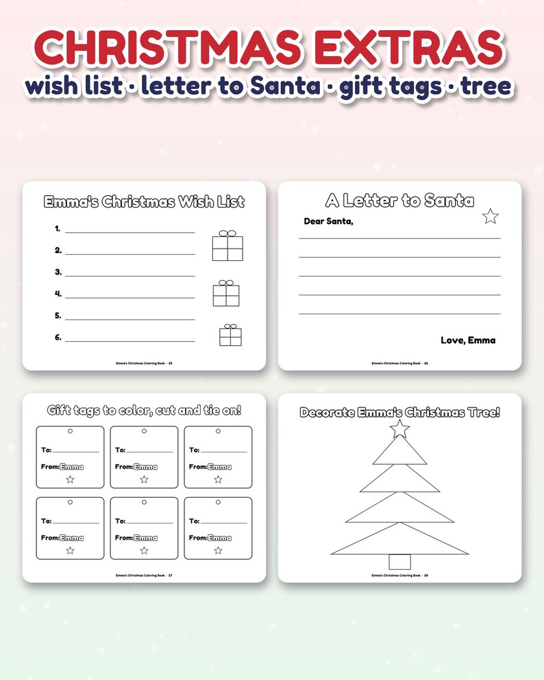 Libro para colorear navideño personalizado con el nombre del niño, páginas para colorear con nombre personalizado, regalo de Navidad para niños, detalle para el calcetín navideño, caja de Nochebuena imagen 8