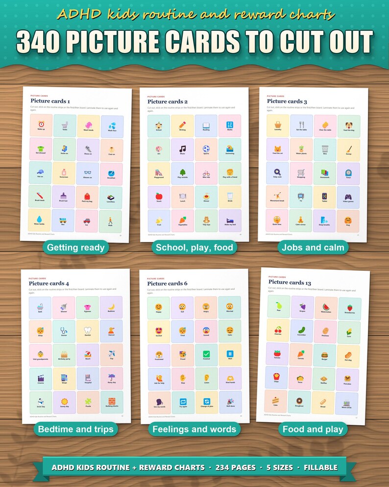 340 colour picture cards for a visual schedule, to cut out and laminate, plus 40 blank cards