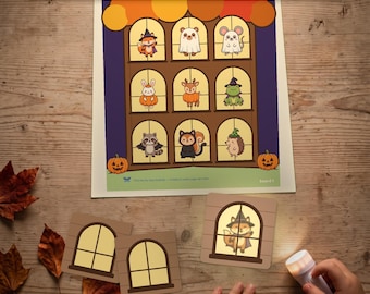 Juego imprimible de linternas de Halloween, actividad para descubrir el árbol de calabazas, juego de imágenes ocultas, 36 tarjetas de animales del bosque, PDF para niños pequeños y preescolares