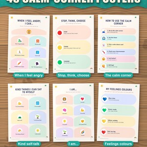45 calm-corner posters: when I feel angry, stop think choose, calm corner, kind self-talk, I am, feelings colours