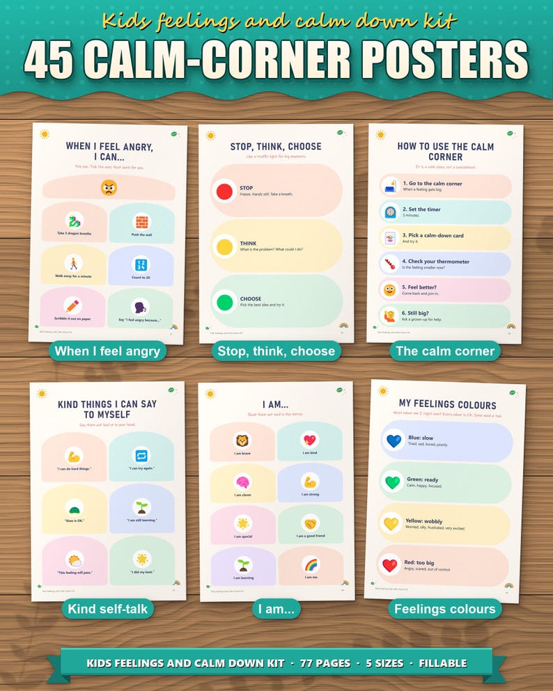 45 calm-corner posters: when I feel angry, stop think choose, calm corner, kind self-talk, I am, feelings colours