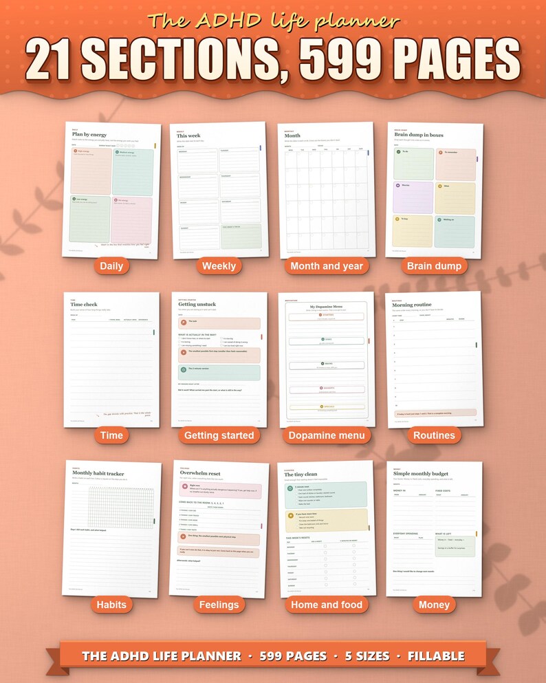 ADHD Planner 2026 2027 2028 Printable for Adults, Dated and Undated, 599 Page Fillable PDF, Daily Weekly Monthly Pages, Dopamine Menu image 2