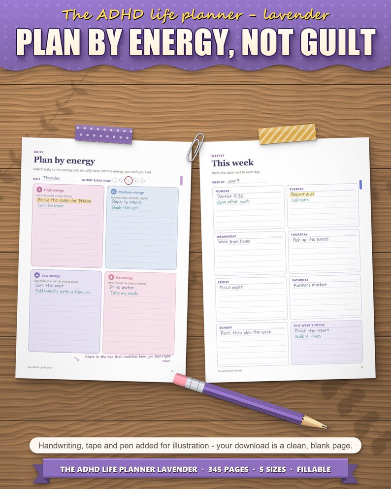 Plan by energy daily page and weekly page filled in by hand