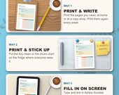 Three ways to use the cleaning planner: print and write, stick on the fridge, fill in on a tablet