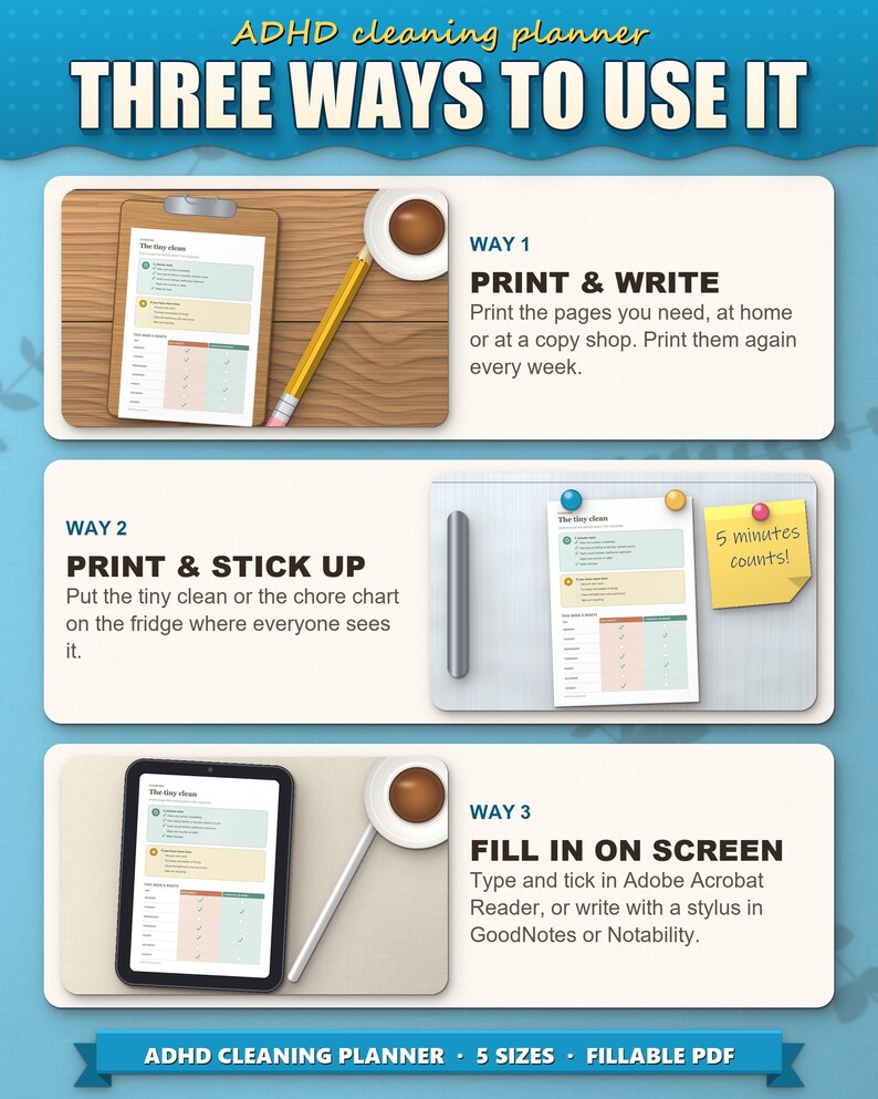 Three ways to use the cleaning planner: print and write, stick on the fridge, fill in on a tablet