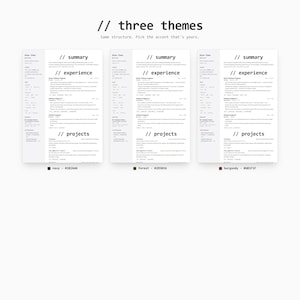 May include: Three resume templates with the text "// three themes" and "Same structure. Pick the accent that's yours." Each template has a different color accent: navy, forest green, and burgundy. The templates are labeled "// summary", "// experience", and "// projects".