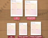 The planner in five paper sizes shown to scale: A4, US Letter, A5, Half Letter and Happy Planner Classic