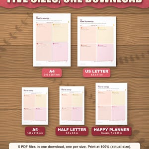 The planner in five paper sizes shown to scale: A4, US Letter, A5, Half Letter and Happy Planner Classic