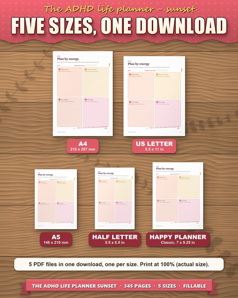 The planner in five paper sizes shown to scale: A4, US Letter, A5, Half Letter and Happy Planner Classic