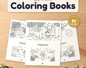 Mini livros de colorir para crianças, imprimíveis e dobráveis, pacote com 20 livros em PDF para lembrancinhas de festa, temas floresta, oceano, espaço e viagens. Ideal para crianças pequenas.