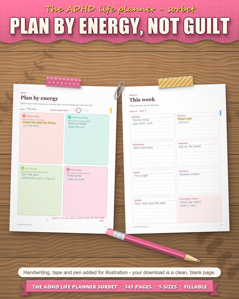 Plan by energy daily page and weekly page filled in by hand