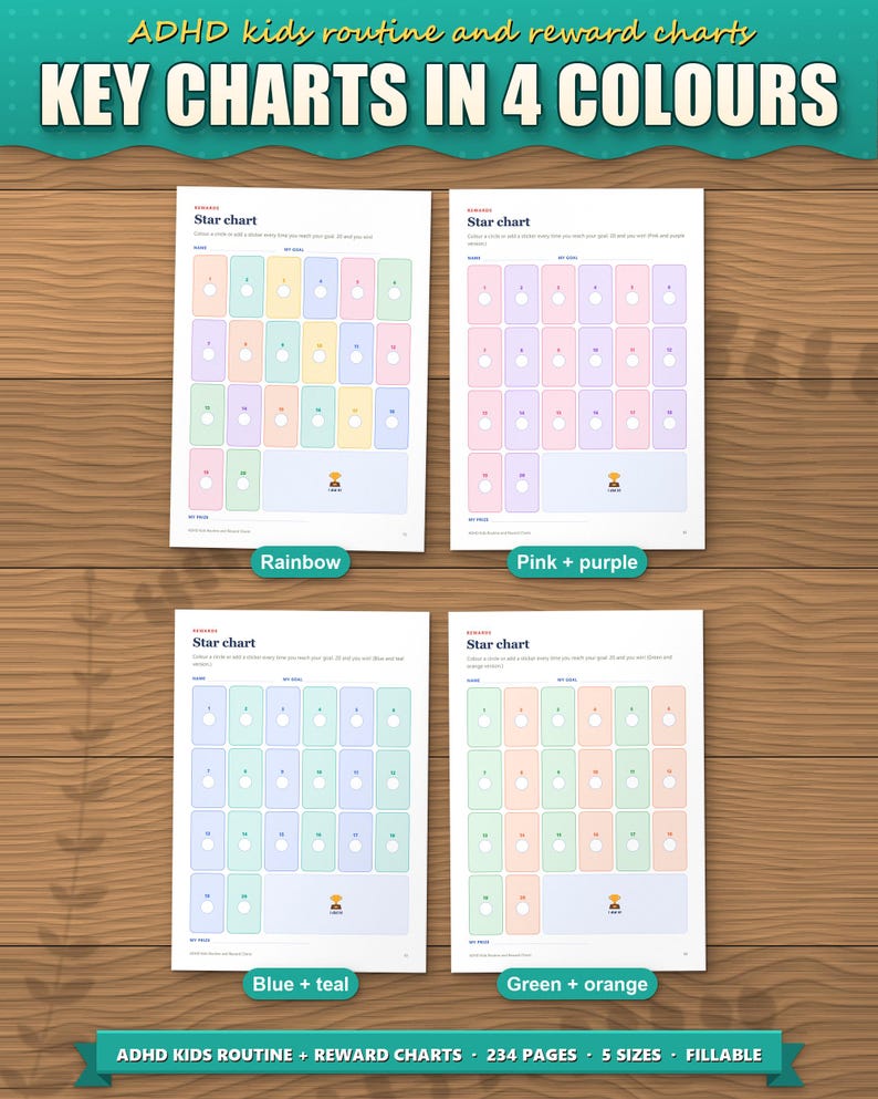 Key charts in 4 colours: the star chart in rainbow, pink and purple, blue and teal, green and orange