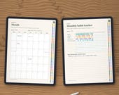 Month page and monthly habit tracker on tablets, filled in as an example