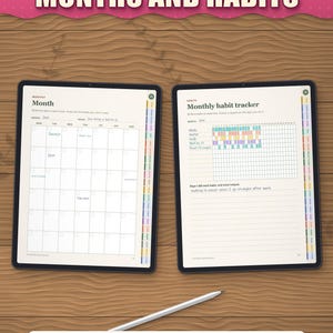 Month page and monthly habit tracker on tablets, filled in as an example