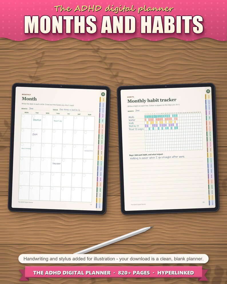 Month page and monthly habit tracker on tablets, filled in as an example