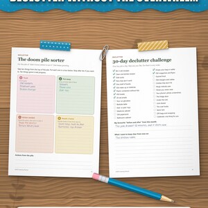 Doom pile sorter and 30-day declutter challenge pages filled in by hand
