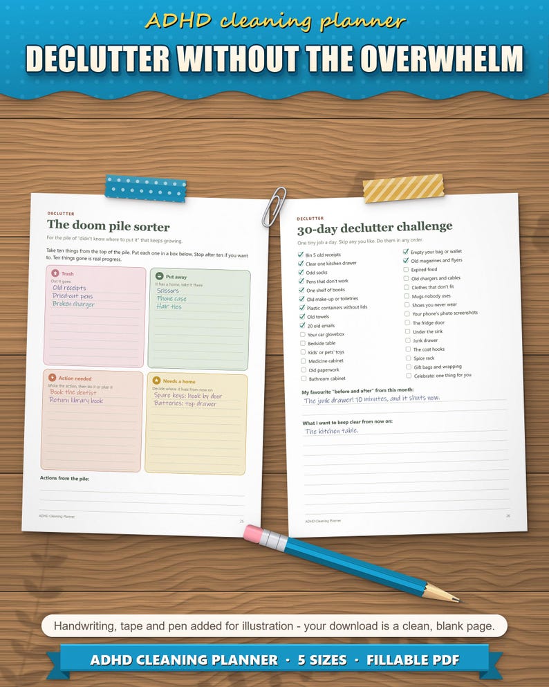 Doom pile sorter and 30-day declutter challenge pages filled in by hand