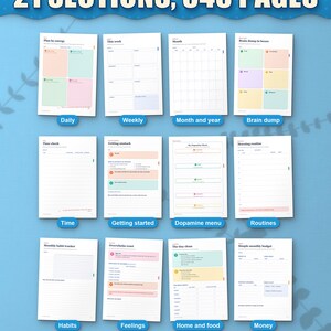 Twelve of the 21 sections of the ADHD life planner, from daily pages to money