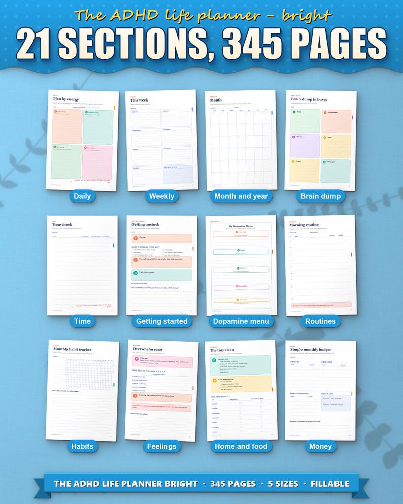 Twelve of the 21 sections of the ADHD life planner, from daily pages to money