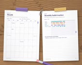 Month page and monthly habit tracker filled in with coloured habits