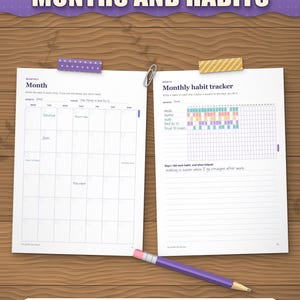 Month page and monthly habit tracker filled in with coloured habits