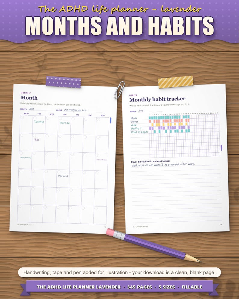Month page and monthly habit tracker filled in with coloured habits