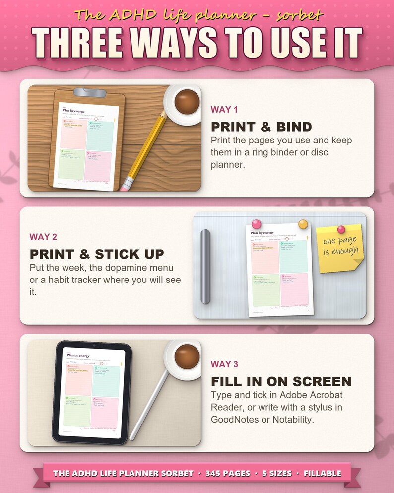 Three ways to use the planner: print and bind, stick up, fill in on a tablet