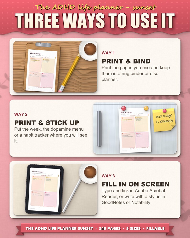 Three ways to use the planner: print and bind, stick up, fill in on a tablet