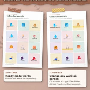 Change the words on screen, no Canva needed: calm-down cards as they come and with your child's own ideas typed in