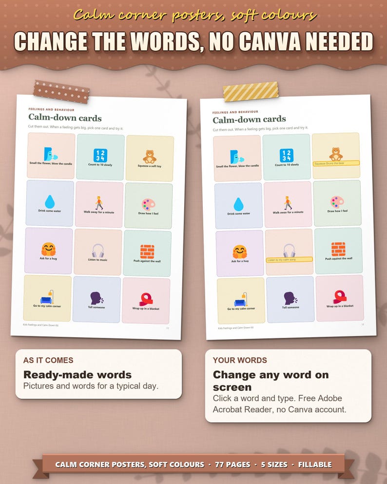 Change the words on screen, no Canva needed: calm-down cards as they come and with your child's own ideas typed in