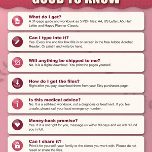 Frequently asked questions: what you get, typing into the PDF, no shipping, download, not medical advice, sharing