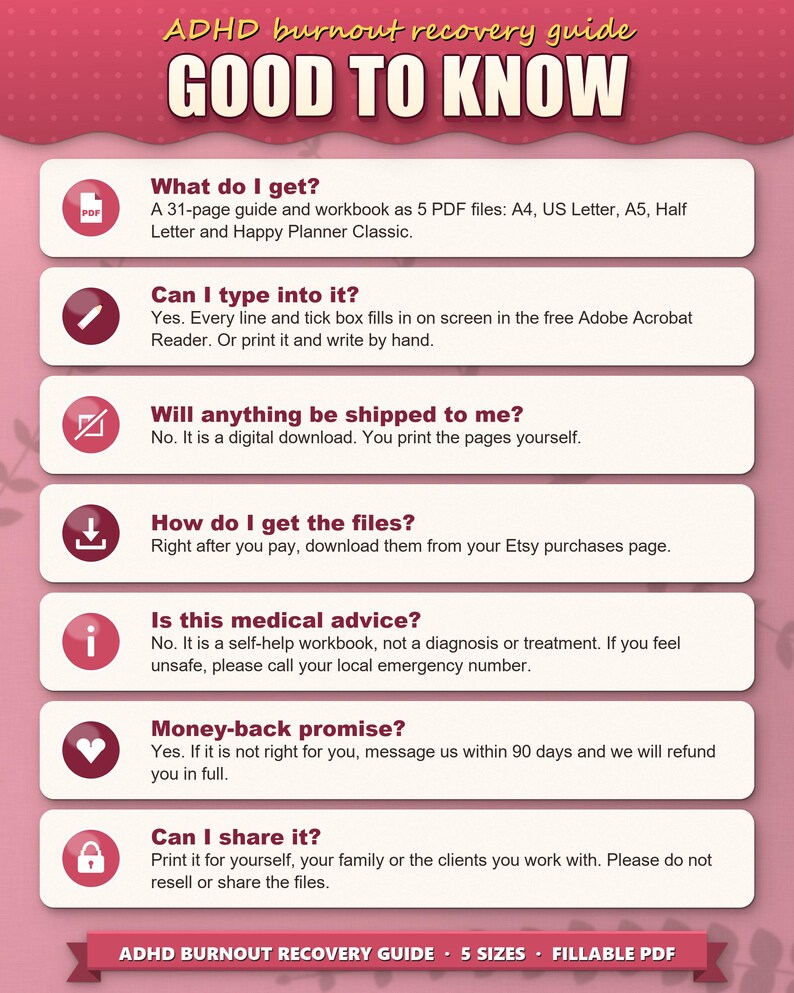 Frequently asked questions: what you get, typing into the PDF, no shipping, download, not medical advice, sharing