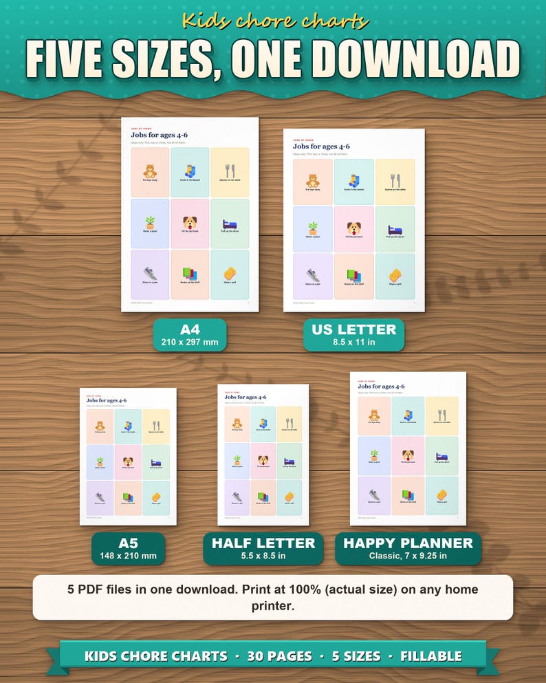 The charts in five paper sizes shown to scale
