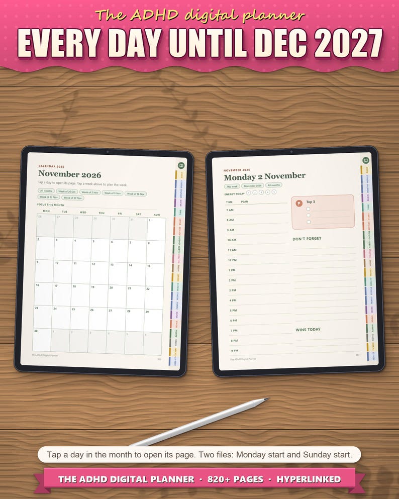 Dated month page and dated day page on two tablets: tap a day to open it