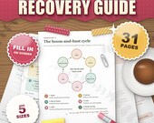 ADHD burnout recovery guide printable workbook, boom-and-bust cycle page on a wooden desk, 31 pages, 5 sizes, fill in on screen