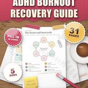 ADHD burnout recovery guide printable workbook, boom-and-bust cycle page on a wooden desk, 31 pages, 5 sizes, fill in on screen