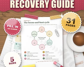 Guía para la recuperación del agotamiento por TDAH, cuaderno de trabajo imprimible para adultos, PDF rellenable, hojas de trabajo sobre ciclos de auge y caída, planificador de energía.