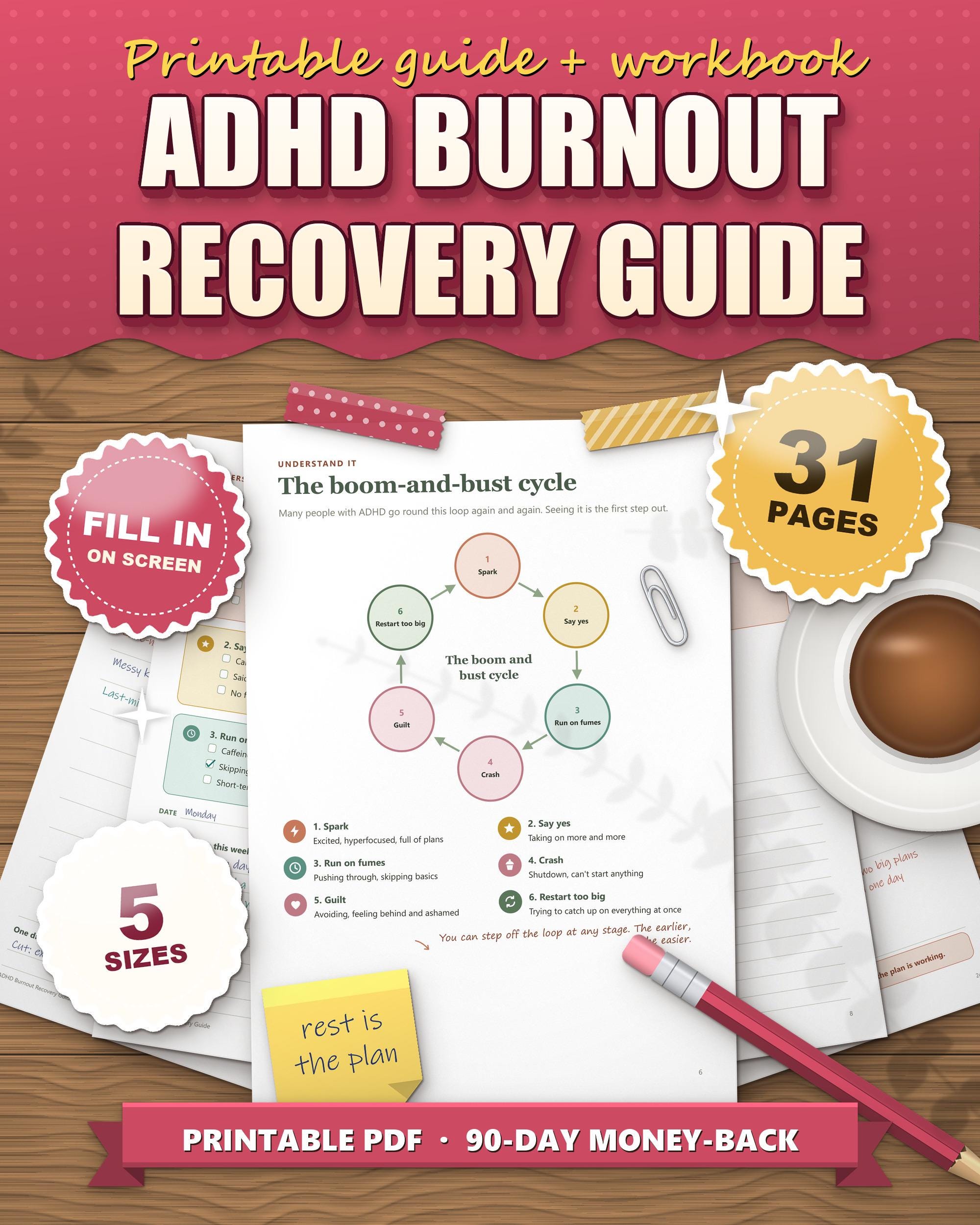 ADHD burnout recovery guide printable workbook, boom-and-bust cycle page on a wooden desk, 31 pages, 5 sizes, fill in on screen