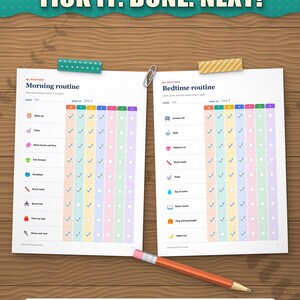 Morning and bedtime routine charts ticked off day by day as an example