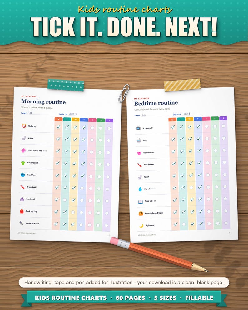 Morning and bedtime routine charts ticked off day by day as an example