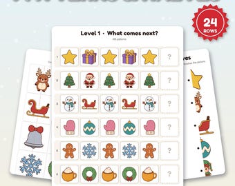 Tarjetas de patrones imprimibles de "¿Qué sigue?", juego de emparejar mitades, Navidad, actividad matemática preescolar, PDF para recortar y pegar