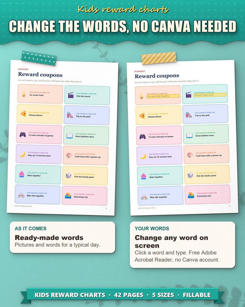 Change the words on screen, no Canva needed: reward coupons as they come and with your own rewards typed in